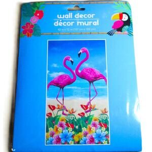 Wall Mural Pink Flamingo Tropical Flowers Beach Ocean Party Decoration 42x72 ins